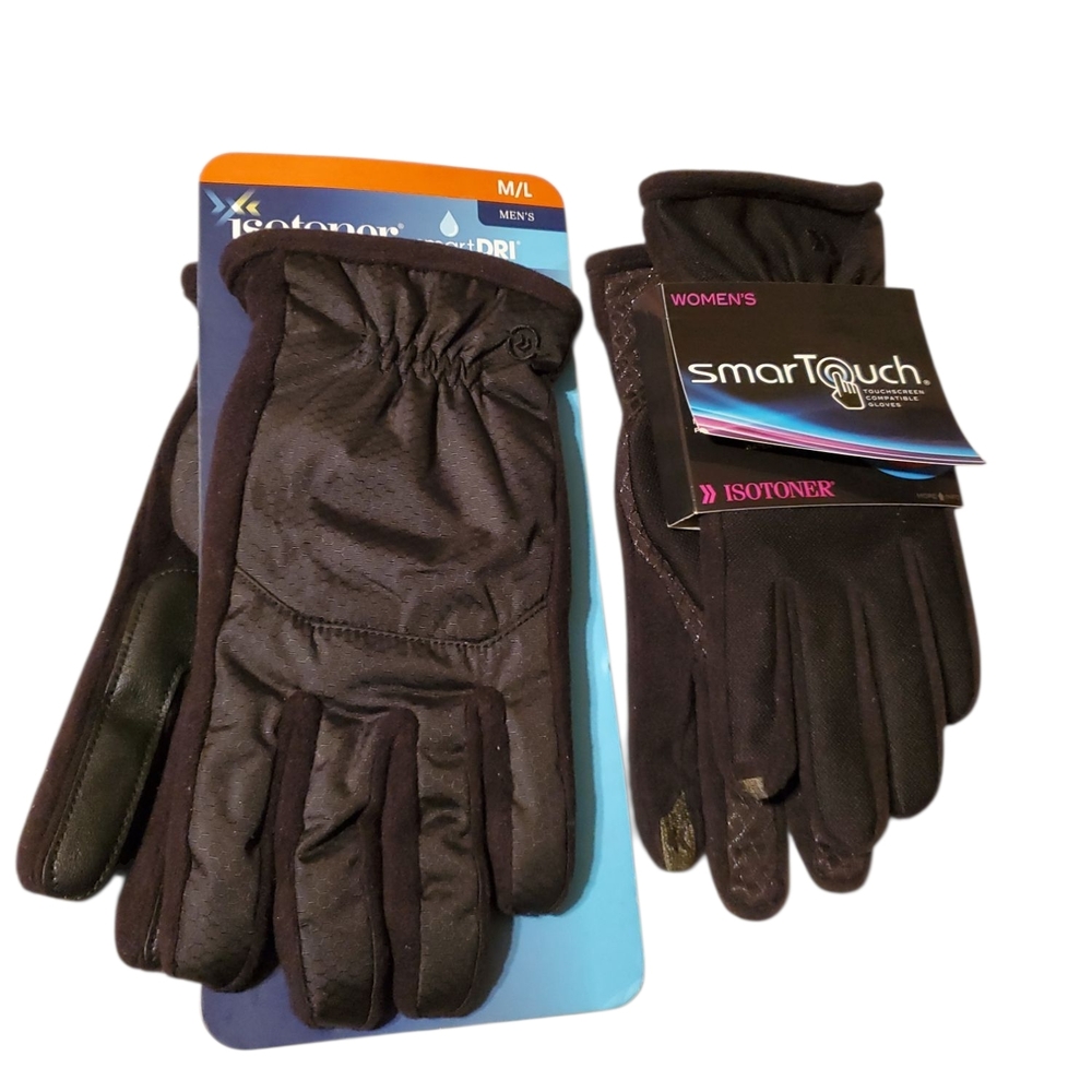 2 Pair Gloves Isotoner Men's Black Smartouch Gloves Size L Womens Pair Size XS